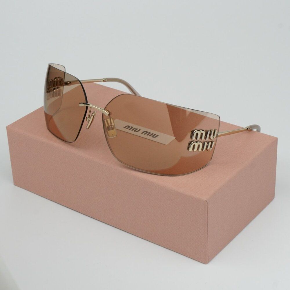 NEW Miu Miu MU54YS ZVN20F Gold Pink Mirror Wraparound Rimless Women Sunglasses